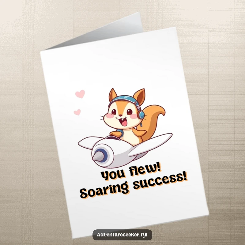 Funny Free Printable Squirrel Congratulations Card: A giggling squirrel pilot joyfully celebrates in a tiny plane, signifying a victory.