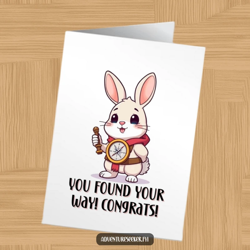 Funny Free Printable Congratulations Card featuring a brave rabbit with a compass, looking towards the horizon, celebrating achievements.
