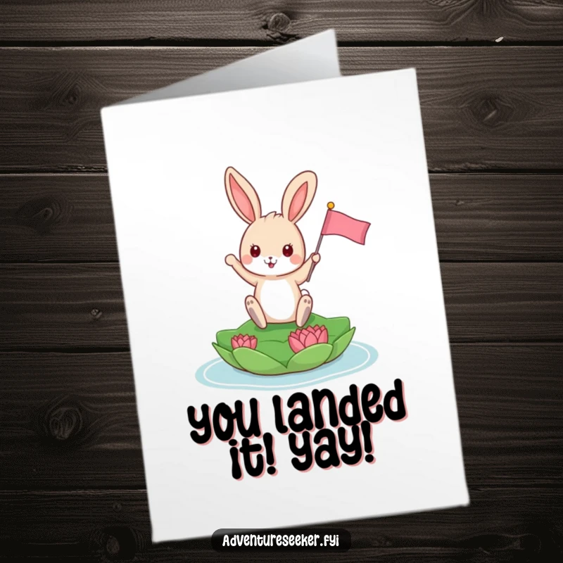 Funny Free Printable Congratulations Card: Playful bunny planting a tiny flag on a lily pad, celebrating achievement.