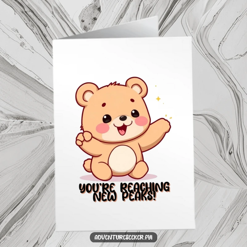 Funny Free Printable Congratulations Card: Bear cub points excitedly at a distant, sparkling mountain peak. A symbol of reaching goals.