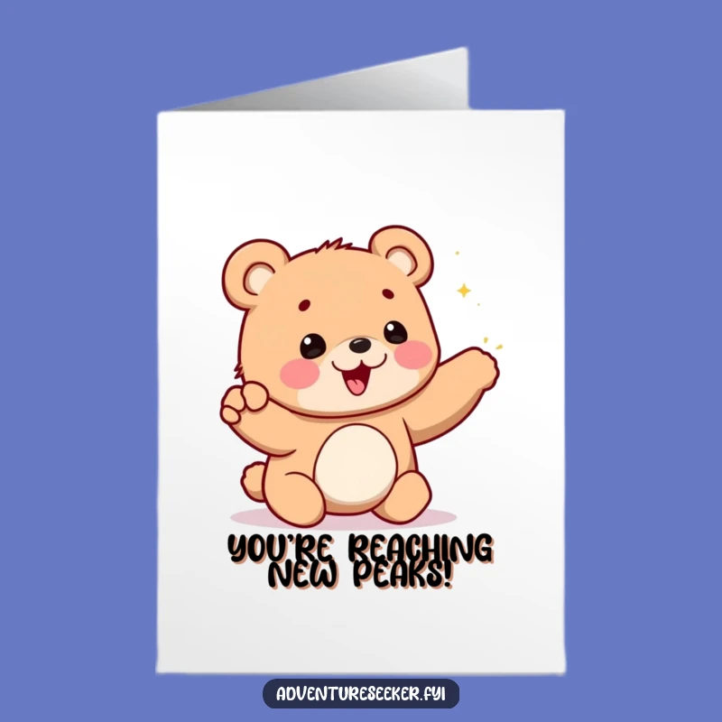 Free Printable Congrats Card: Cheerful Bear Cub Reaching Mountain Peaks, Downloadable Success