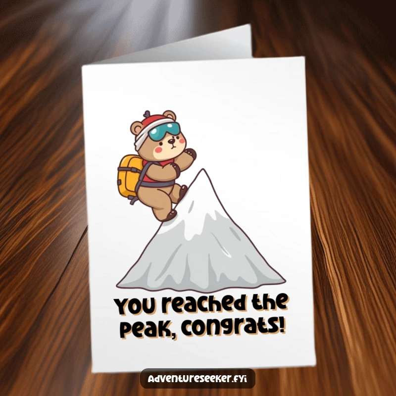 Funny Free Printable Congrats Card: Playful bear mountaineer climbing a stylized mountain, celebrating peak achievements.