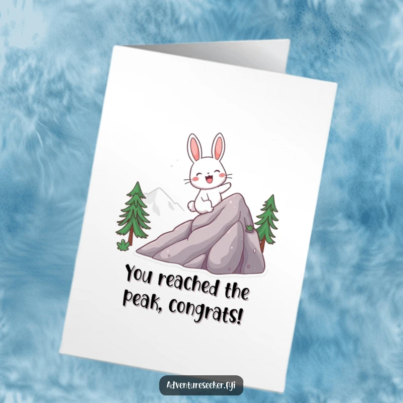 Funny free printable congratulations card with a giggling rabbit excitedly reaching the top of a mountain.