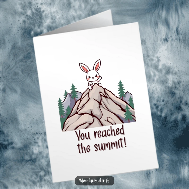 Funny Free Printable Congratulations Card: Determined rabbit character triumphantly reaching the peak of a stylized mountain.