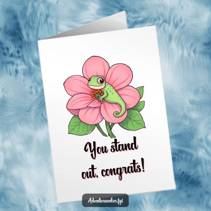 Funny Free Printable Chameleon Congrats Card: Playful chameleon on a huge flower, celebrating achievement with colourful flair.