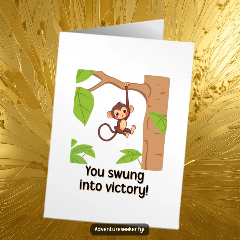 Funny Free Printable Congratulations Card: Mischievous monkey hanging from a branch, celebrating a cheeky victory.