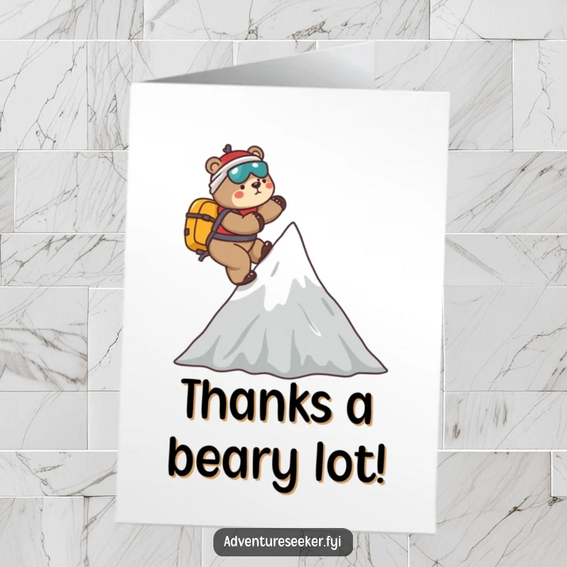 Funny Free Printable Thank You Card: Playful bear mountaineer climbing a stylized mountain, expressing thanks for support.