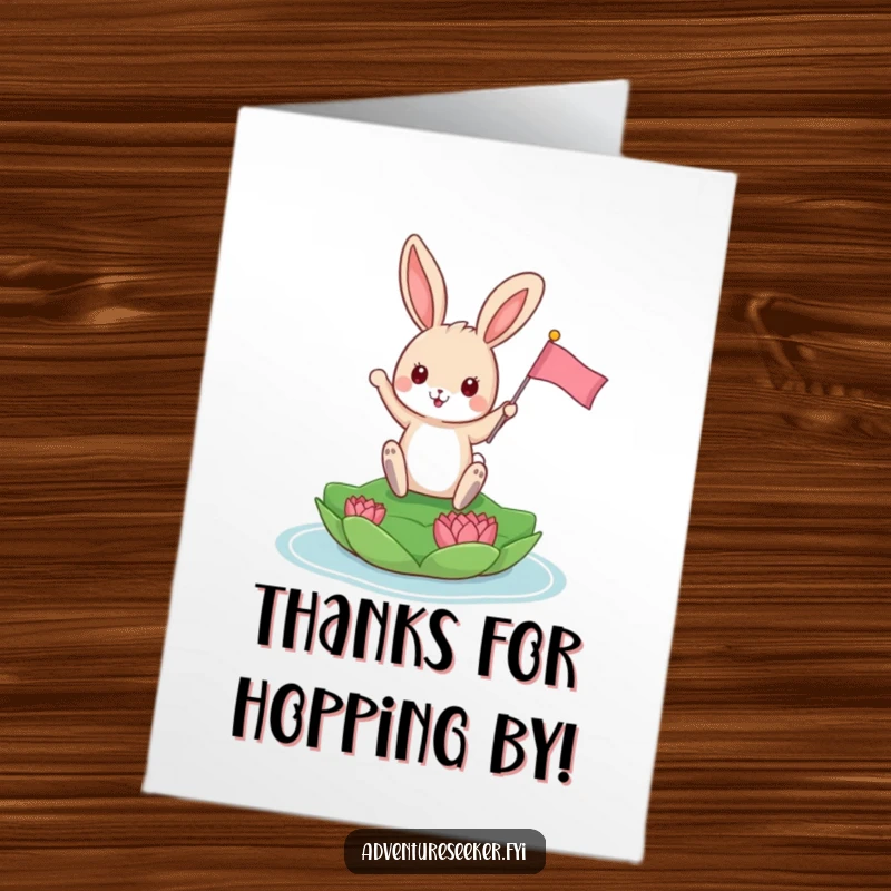 Funny Free Printable Thank You Card: Playful bunny planting a tiny flag on a lily pad, conveying thanks.