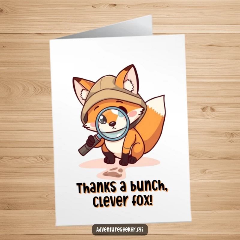 Funny Free Printable Thank You Card: Brave fox explorer with magnifying glass inspecting a tiny footprint, expressing keen thanks.