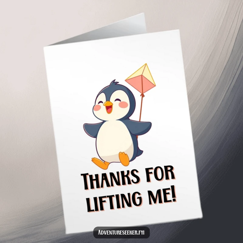 Funny Free Printable Thank You Card: Joyful penguin character soaring on a kite, sending thanks from above.
