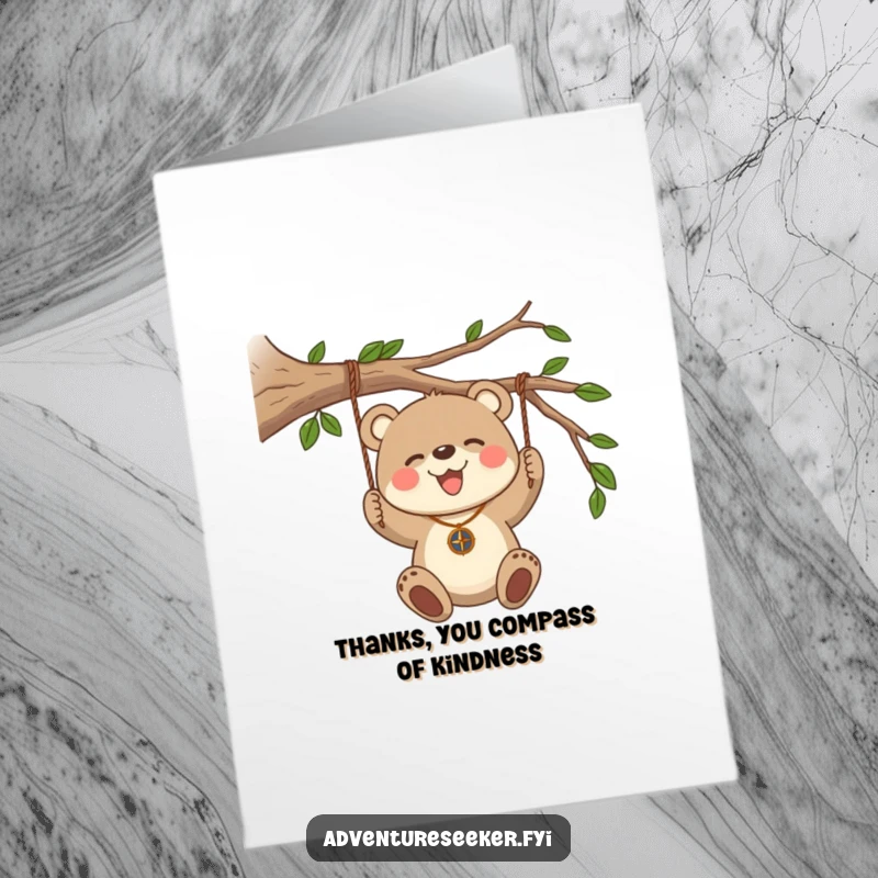 Funny Free Printable Thank You Card: Bear cub with compass necklace swinging, conveying thanks, guidance.