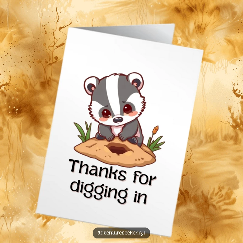 Funny Free Printable Thank You Card: A determined badger digging with a hopeful expression, conveying sincere gratitude.
