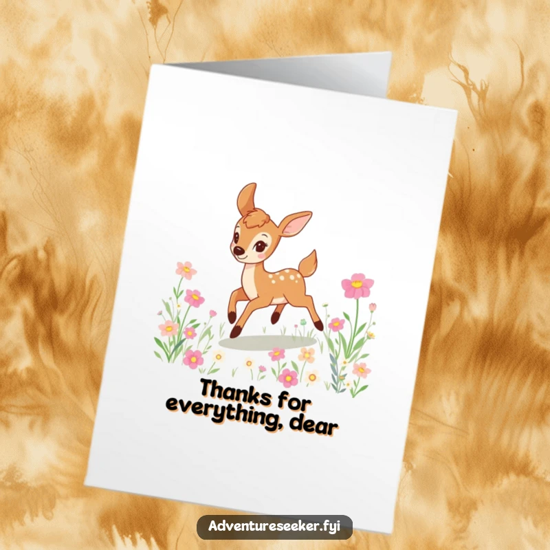 Funny Free Printable Thank You Card: A deer bounding joyfully through flowers, expressing heartfelt gratitude with a playful spirit.