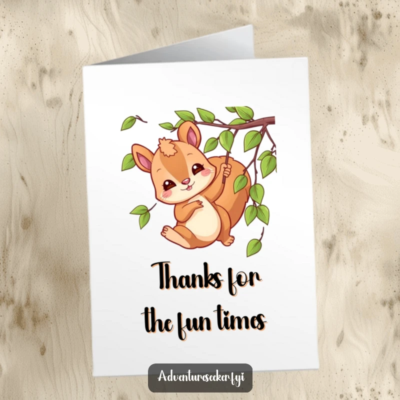 Funny Free Printable Thank You Card: Playful squirrel character swinging from a vine, conveying thanks humorously.