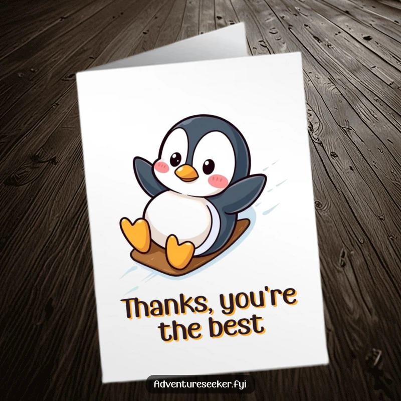 Funny Free Printable Thank You Card: A penguin slides happily, expressing gratitude with a playful gesture.