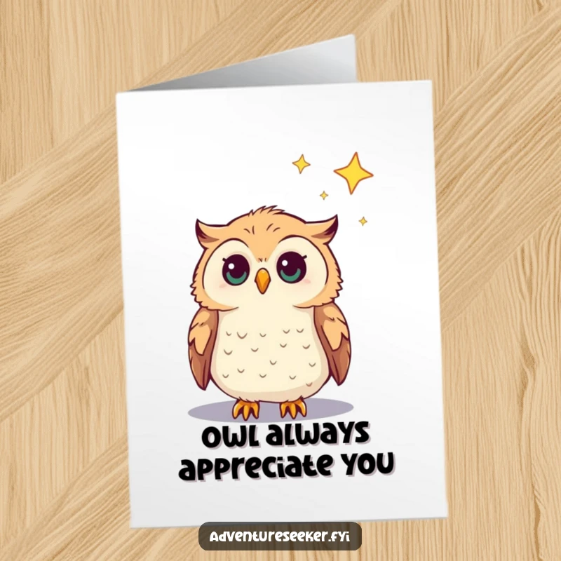 Funny Free Printable Thank You Card featuring a curious owl character gazing at a star, conveying deep gratitude.