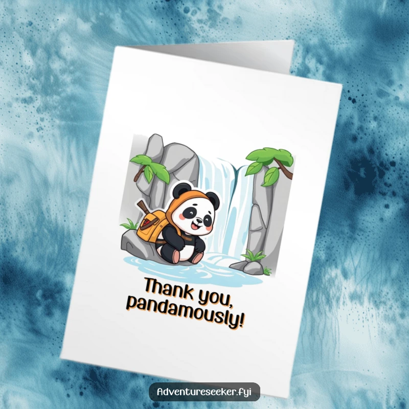 Funny free printable thank you card with a happy panda adventurer by a waterfall, conveying thanks, a perfect DIY gift.