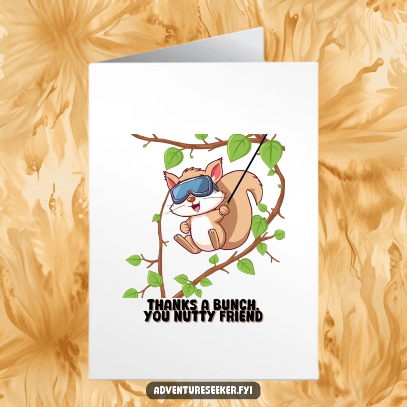 Funny Free Printable Thank You Card: Squirrel ziplining conveying thanks, speedy gratitude, adventurous appreciation.