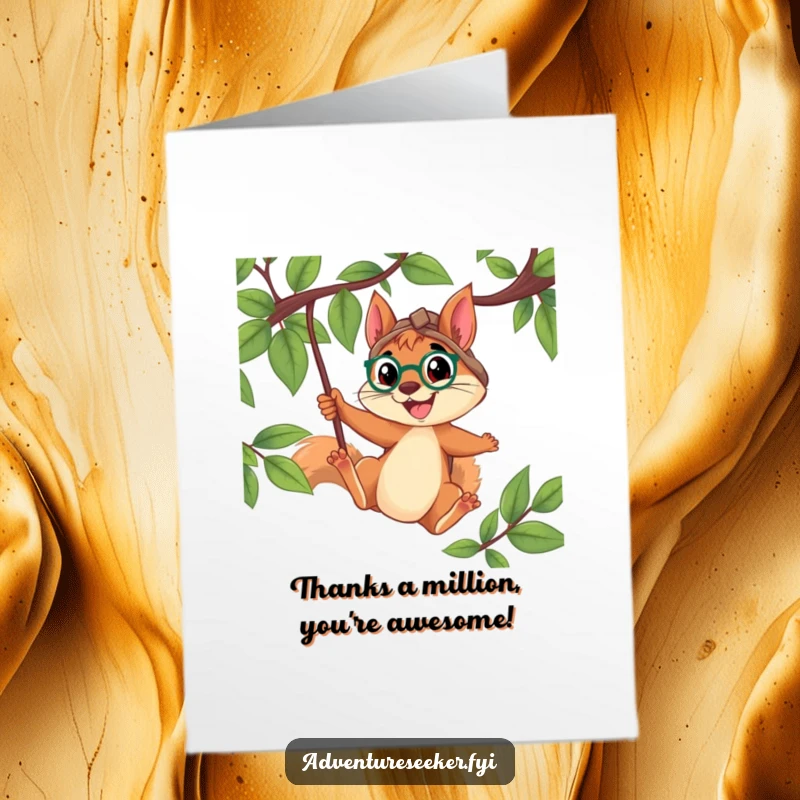 Funny Free Printable Thank You Card: Determined squirrel explorer smiling while swinging from a vine, expressing gratefulness.