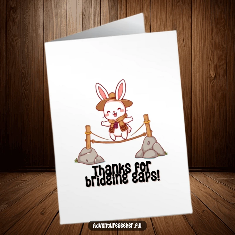 Funny Free Printable Rabbit Thank You Card: A cheerful rabbit scout bravely crosses a wobbly rope bridge, expressing thanks.