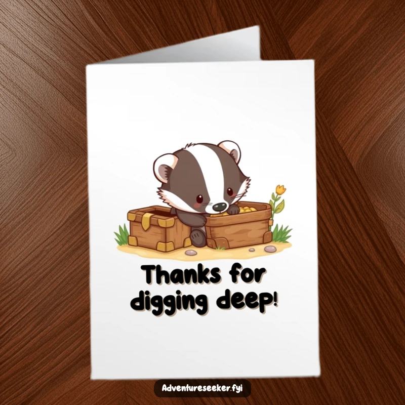 Funny Free Printable Thank You Card: Curious badger digging, unearthing thanks from a treasure chest.