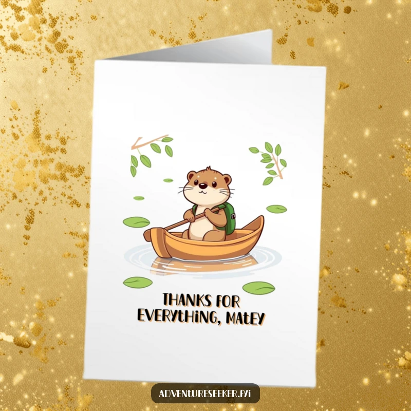 Funny Free Printable Thank You Card: Otter paddling a leaf boat, conveying thanks for a journey, gratitude.