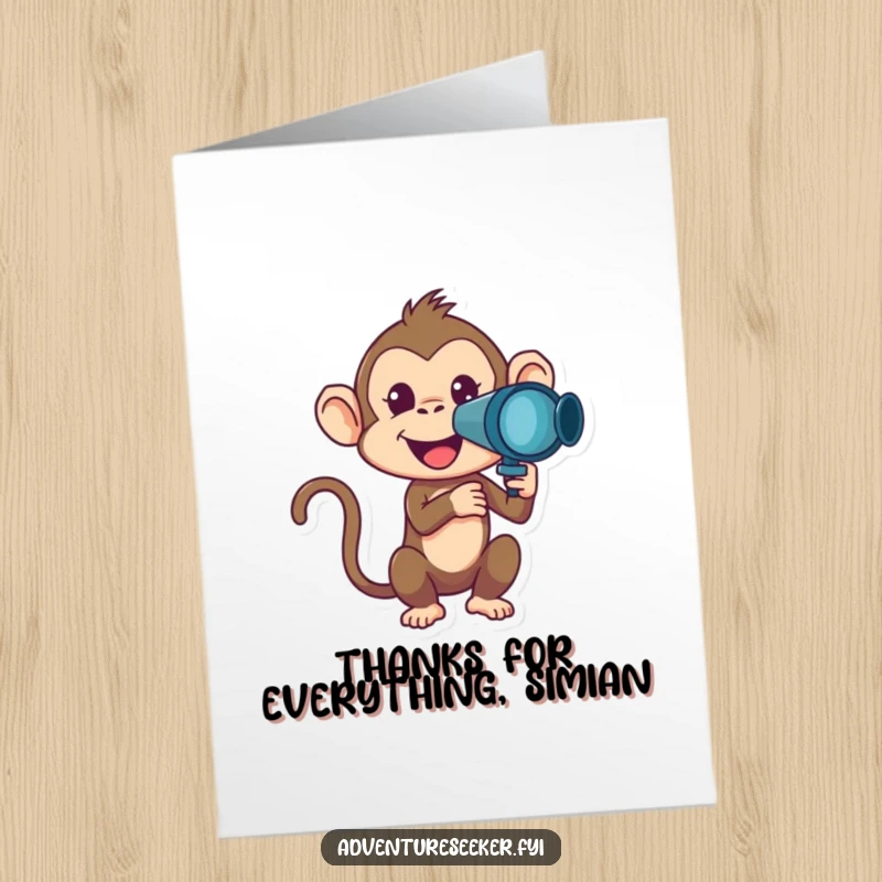 Funny Free Printable Thank You Card of a mischievous monkey using a telescope, conveying thanks for insightful advice.