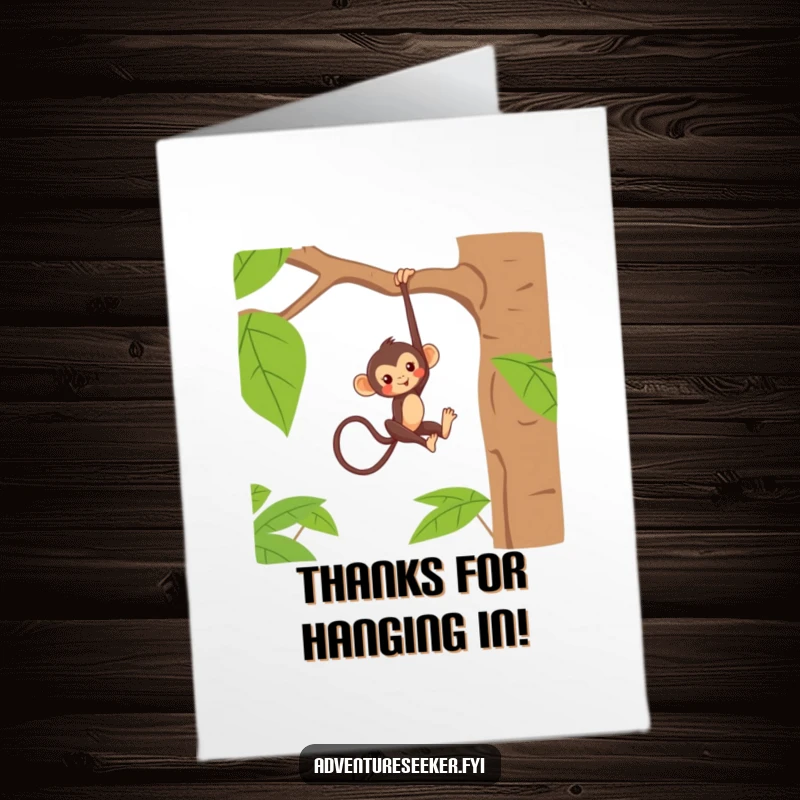 Funny Free Printable Thank You Card: Mischievous monkey hanging from a branch, playfully sending thanks.