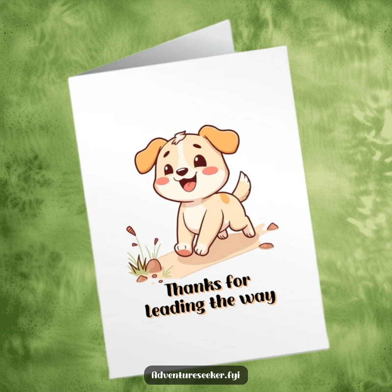 Funny Free Printable Thank You Card: Happy dog character following a trail, humorously conveying thanks.