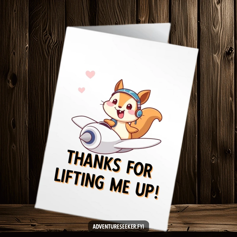 Funny Free Printable Squirrel Thank You Card: A giggling squirrel pilot joyfully flies in a tiny plane, expressing thanks.