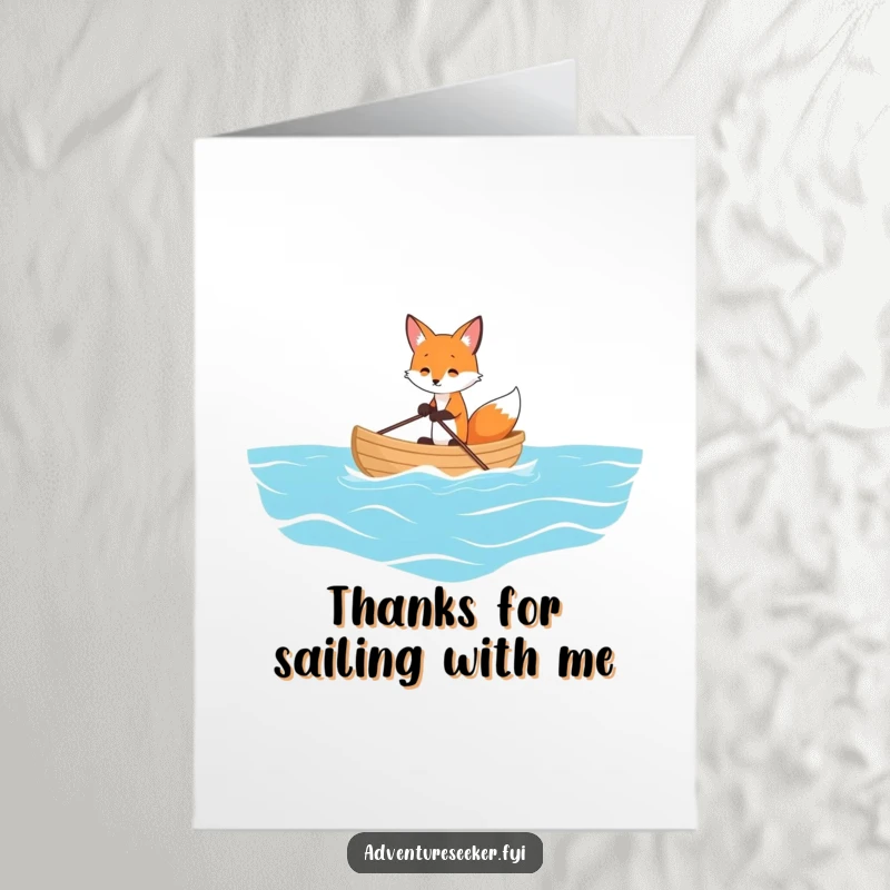Funny Free Printable Fox Thank You Card: A playful fox rowing a tiny boat on a vast ocean, sending thanks.