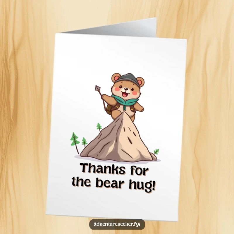 Funny Free Printable Bear Thank You Card: A happy bear adventurer cheerfully climbs a small mountain, expressing thanks.