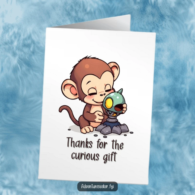 Funny Free Printable Monkey Thank You Card: A curious monkey examining a strange alien artifact, sending thanks.