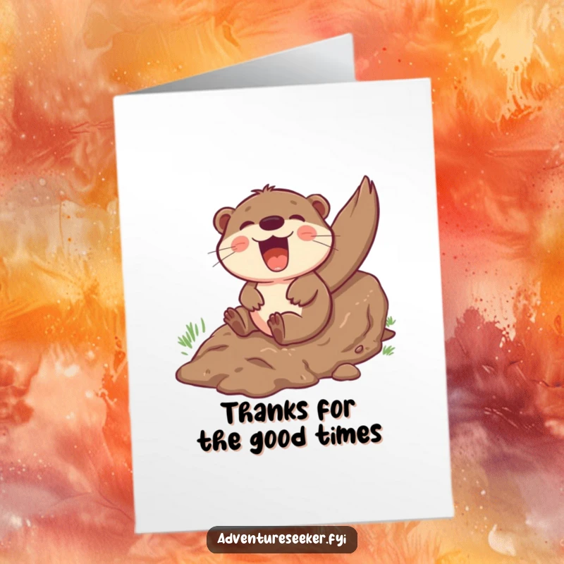 Funny Free Printable Thank You Card: A giggling otter sliding down a muddy hill with pure delight, conveying thanks.