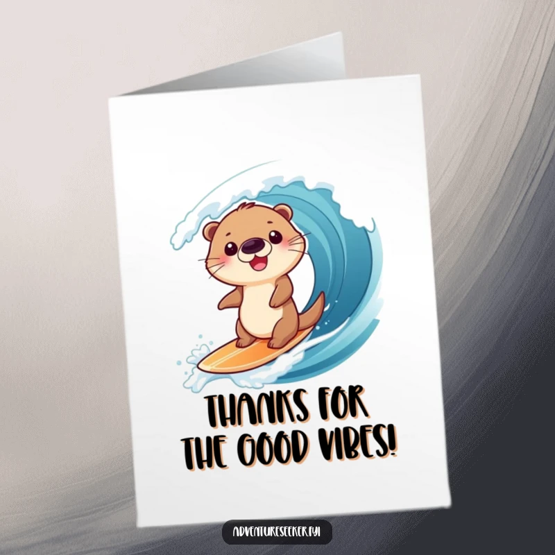 Funny Free Printable Otter Thank You Card: Giggling otter surfing a wave, sending thanks with a splash.