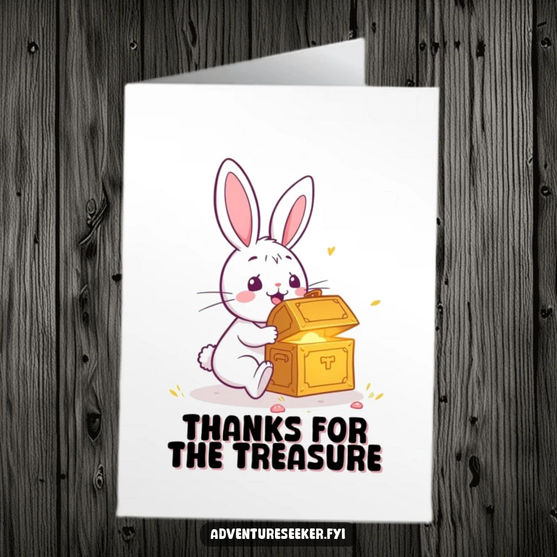 Funny Free Printable Rabbit Thank You Card: A surprised rabbit stumbling upon a glowing treasure chest, expressing thanks.