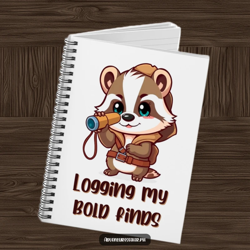 Funny notebook with a brave badger explorer using a spyglass, perfect for jotting down expedition plans and discoveries.