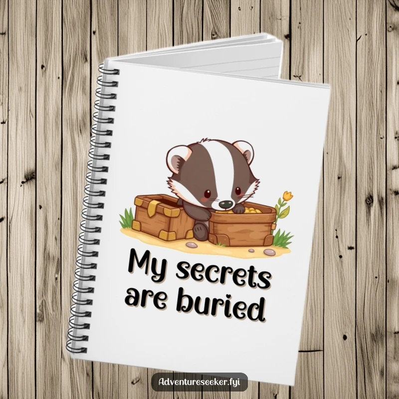 Funny notebook cover with a curious badger character digging excitedly near a hidden treasure chest, ready for creative notes.