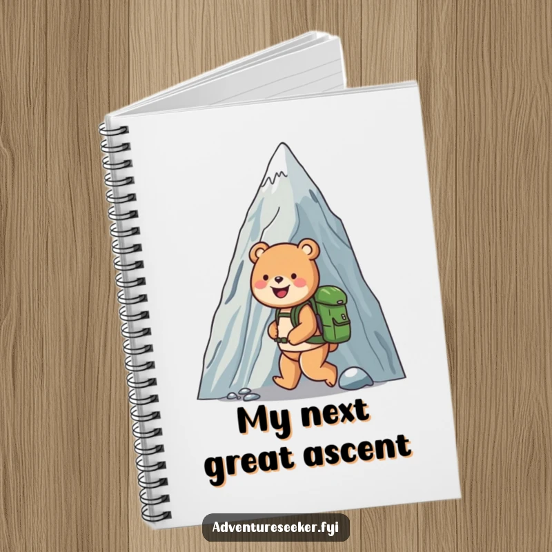 Funny notebook featuring a happy bear explorer with a backpack ascending a mighty mountain, designed for jotting down brilliant ideas.