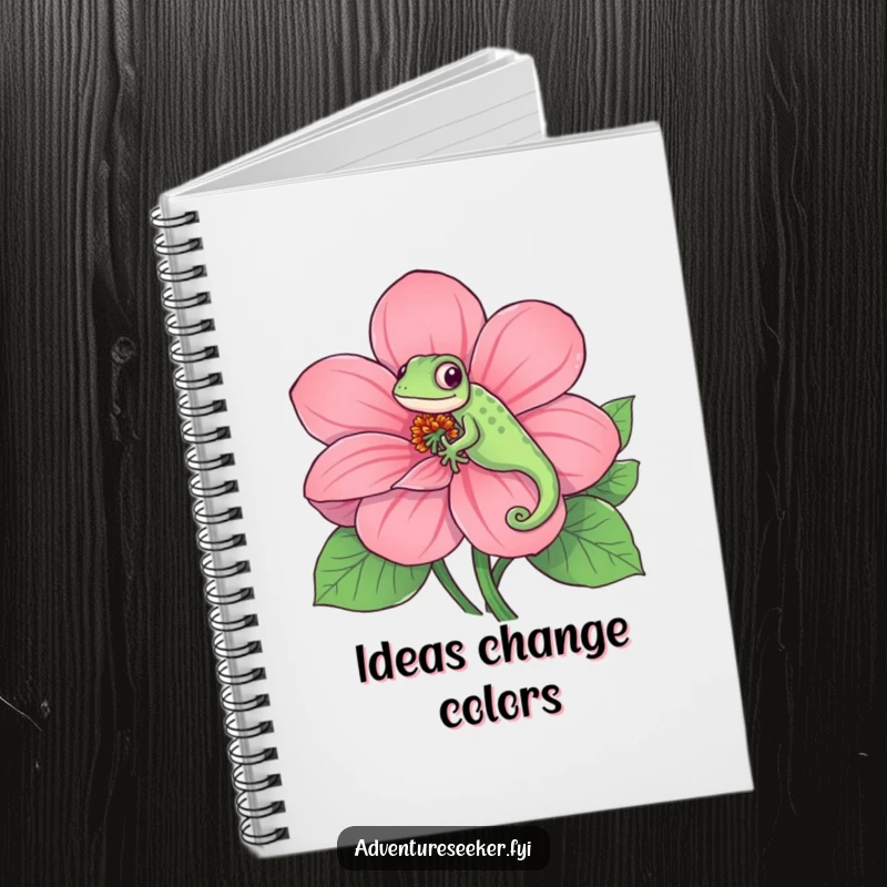 Funny notebook cover with a playful chameleon camouflaged on a large, bright flower, perfect for jotting down colorful ideas, a creative gift.