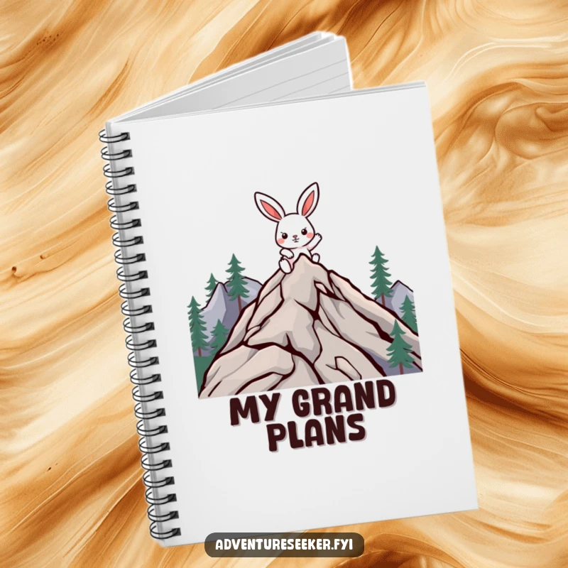 Funny climbing rabbit notebook with a determined character climbing a mountain, perfect for jotting down plans.
