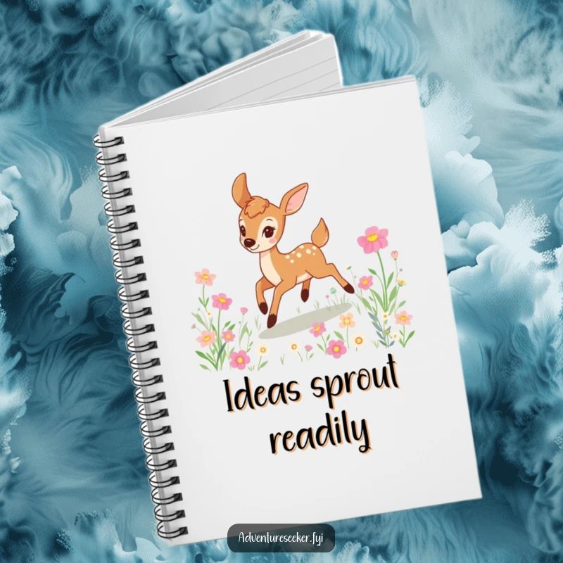 Funny deer notebook featuring a playful character bounding joyfully through a picturesque field brimming with colorful, blooming flowers.