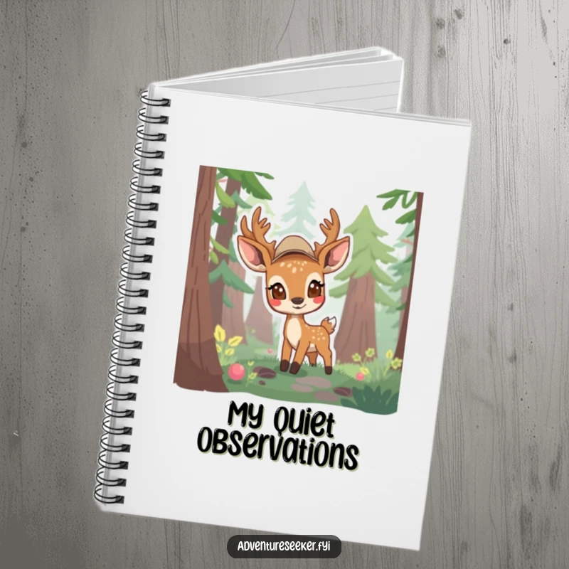 Funny notebook with a shy deer scout peeking from a forest, perfect for journaling curious thoughts and observations.