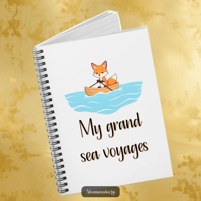 Funny notebook featuring a playful fox rowing a tiny boat on a vast ocean, perfect for jotting down thoughts and plans.