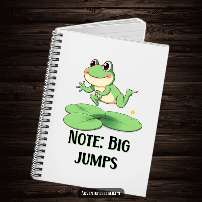Funny smiling frog character on a notebook cover, leaping across lily pads, symbolizing happy notes. A useful funny gift.