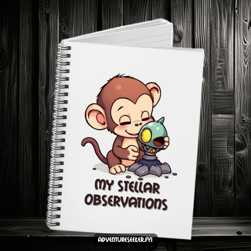 Funny notebook featuring a curious monkey examining a strange alien artifact, perfect for jotting down thoughts and theories.