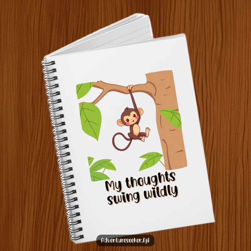 Funny notebook cover with a mischievous monkey character hanging from a jungle tree branch, perfect for jotting down playful thoughts.