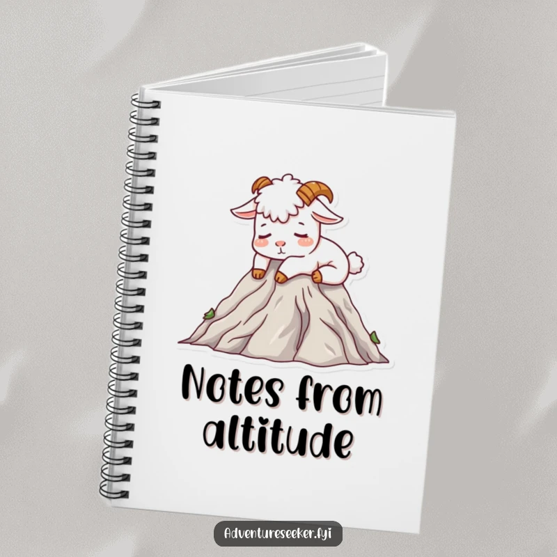 Funny Mountain Goat Notebook with a contented goat character napping on a mountain peak, ideal for jotting down funny serene notes.
