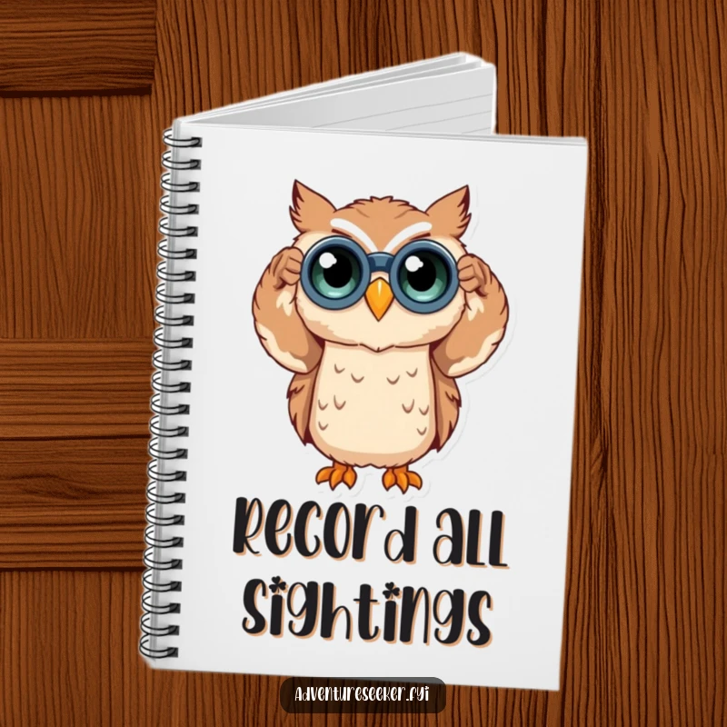 Funny owl character with binoculars on a notebook cover, symbolizing note-taking and curiosity. A useful funny gift.