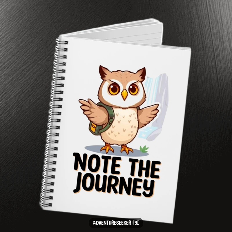 Funny owl explorer notebook cover, featuring a brave owl with a backpack pointing towards a distant, shimmering waterfall.